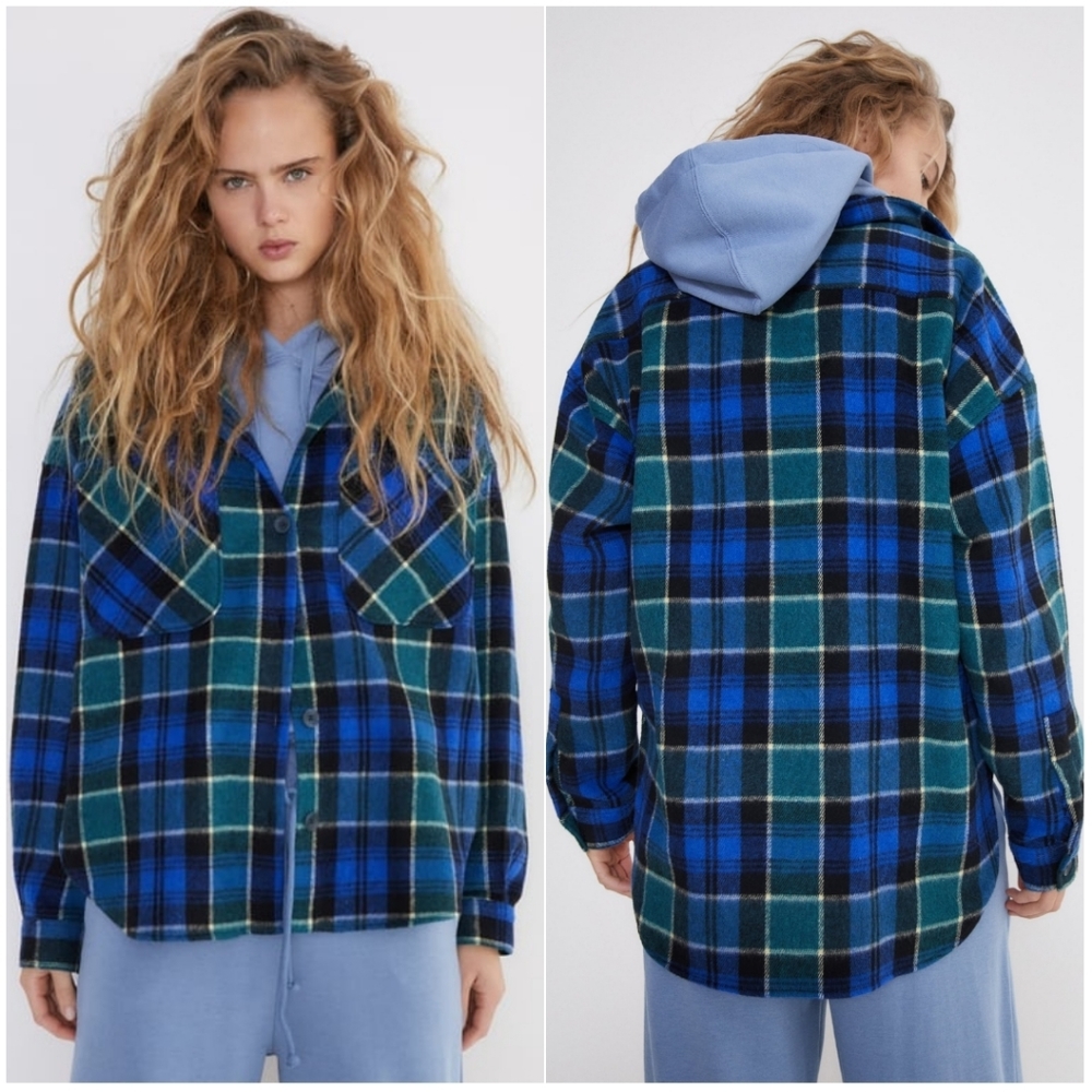 NWT ZARA | Blue Plaid Wool Blend Overshirt